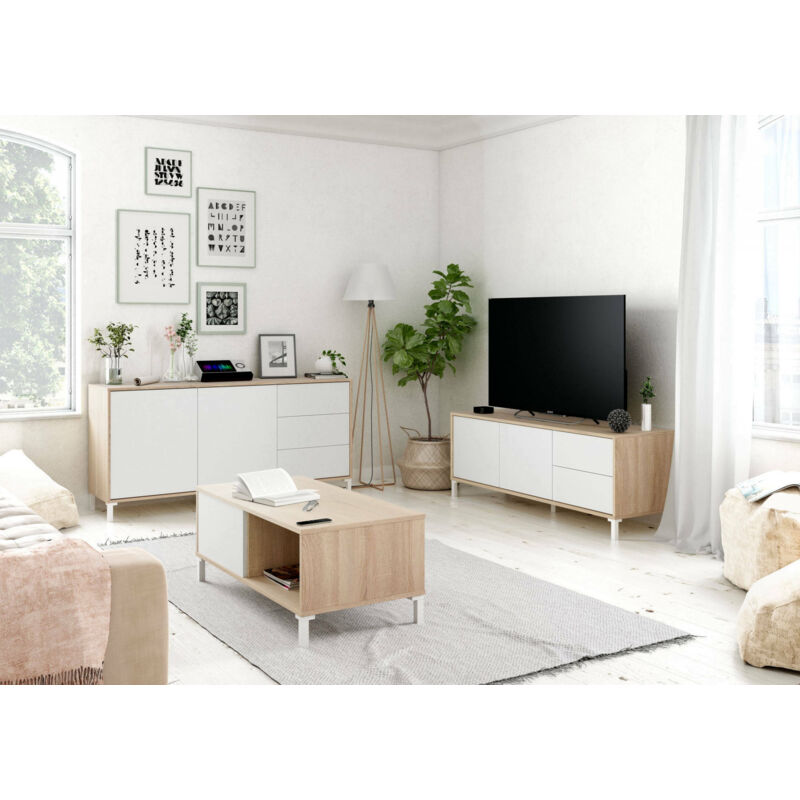

Mesa de centro de salón con un cajón y un compartimento para un día, color blanco y roble, 100 x 40 x 50 cm - Dmora