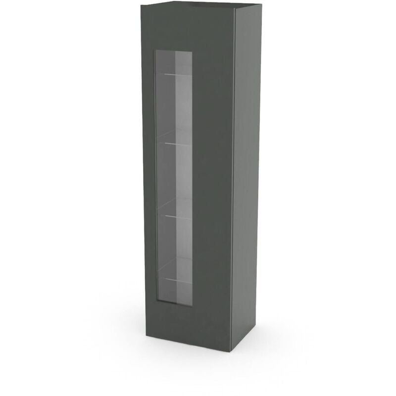 Meuble colonne avec porte vitrée, Made in Italy, Buffet avec étagères, Vitrine de salon, 45x34h162 cm, couleur anthracite brillant, avec emballage