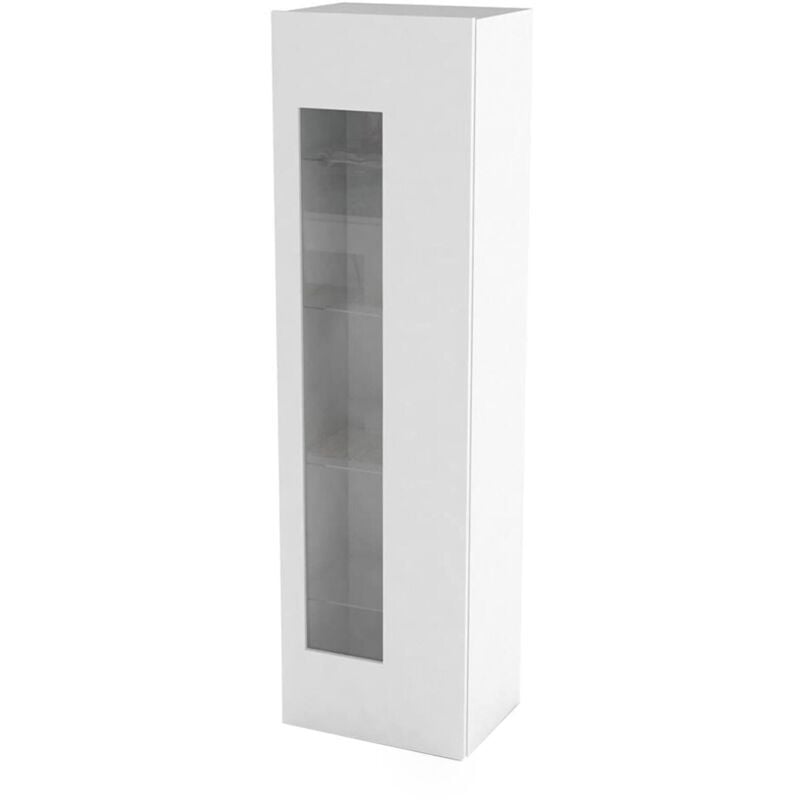 Meuble colonne avec porte vitrée, Made in Italy, Buffet avec étagères, Vitrine de salon, 45x34h162 cm, couleur blanc brillant, avec emballage