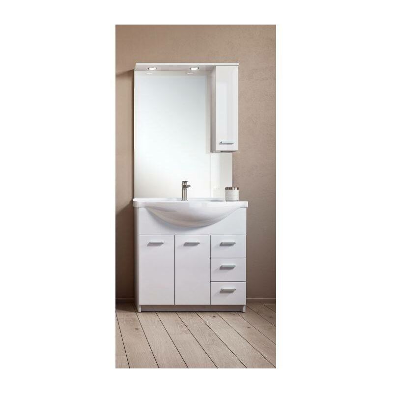 Dmora Meuble de salle de bain avec deux portes et trois tiroirs et miroir avec élément mural, Made in Italy, 105 x 50 x 191 cm, couleur Blanc, avec