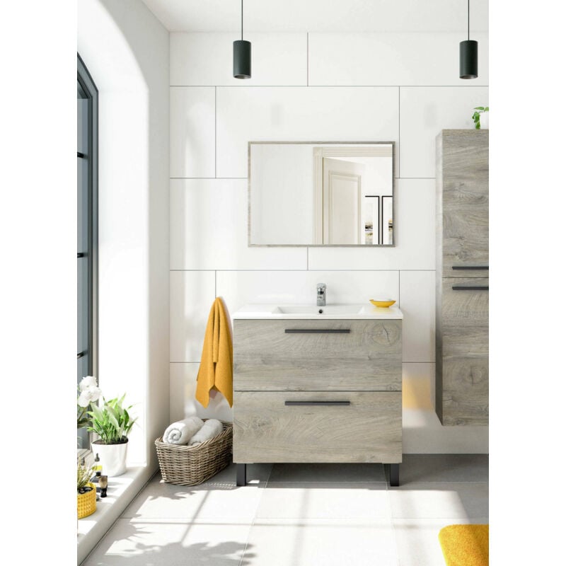 Meuble sous évier Yonkers, meuble de salle de bain 2 tiroirs, Armoire suspendue avec miroir, évier non inclus, cm 80x45h80, Chêne, avec emballage