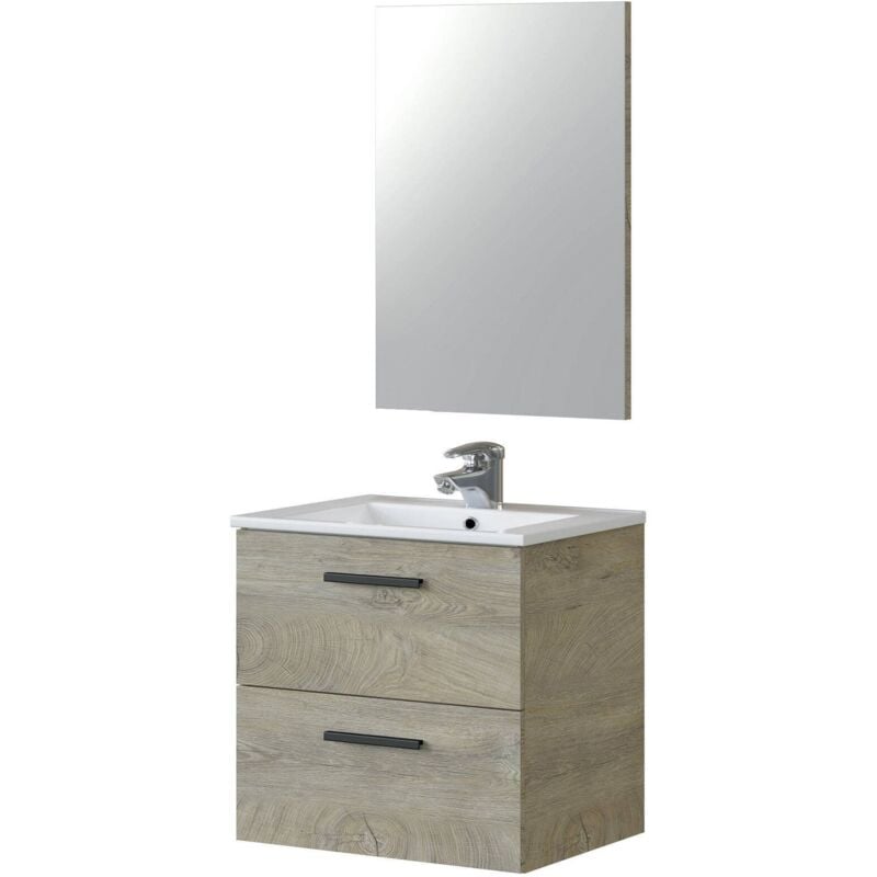 Dmora - Meuble sous-lavabo Fontana, meuble de salle de bain 2 tiroirs, Armoire suspendue avec miroir, évier non inclus, cm 60x45h57, Chêne, avec