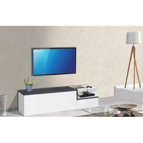 Dmora Meuble de salon Meuble TV, Made in Italy, Meuble TV 2 portes, Meuble TV de salon, 160x40h46 cm, coloris blanc brillant et ardoise, avec emballage renforcé