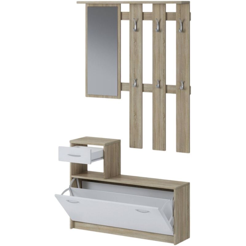 Dmora - Meuble d'entrée avec miroir, entrée pour hall avec étagère à chaussures, Vide poche pour petits appartements, 100x25h180 cm, couleur Blanc et