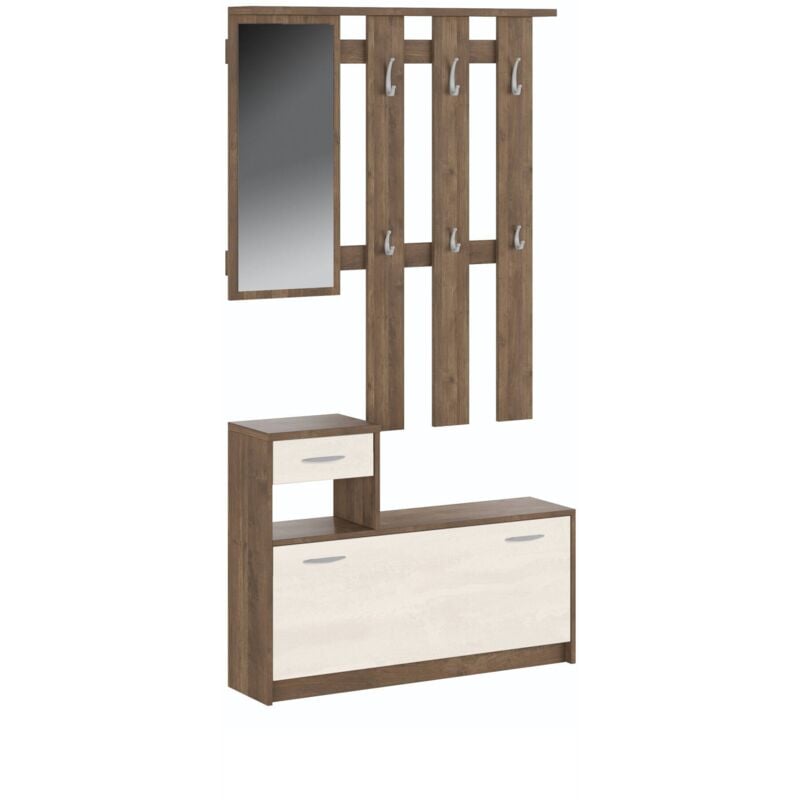 Meuble d'entrée Dbiagin, Hall d'entrée moderne avec miroir, Armoire avec étagère à chaussures, Armoire multifonction, 100x25h180 cm, Blanc et Chêne