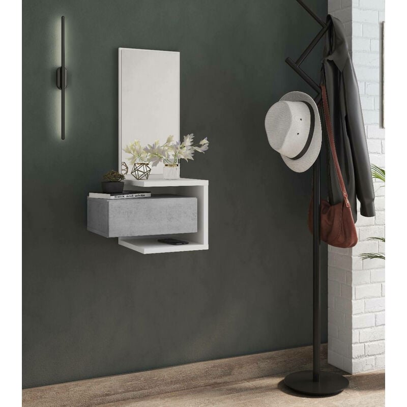 Dmora Meuble d'entrée avec miroir, entrée pour hall avec tiroir et étagère, Vide-poche pour petits appartements, 43x32h90 cm, Couleur Blanc et Béton