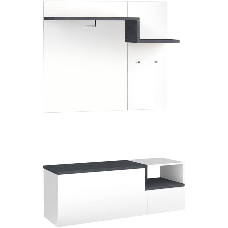 Dmora - Meuble d'entrée, Made in Italy, Entratina avec cintre, Range-chaussures, meuble tv, 120x40h54 cm, couleur blanc brillant et gris ardoise,