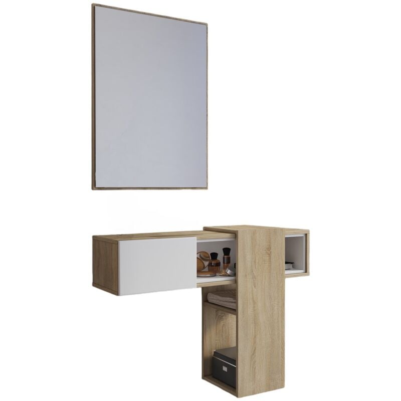 Meuble d'entrée avec miroir, entrée pour hall avec tiroir et étagères, Vide-poche pour petits appartements, 100x27h75 cm, couleur Blanc et Chêne