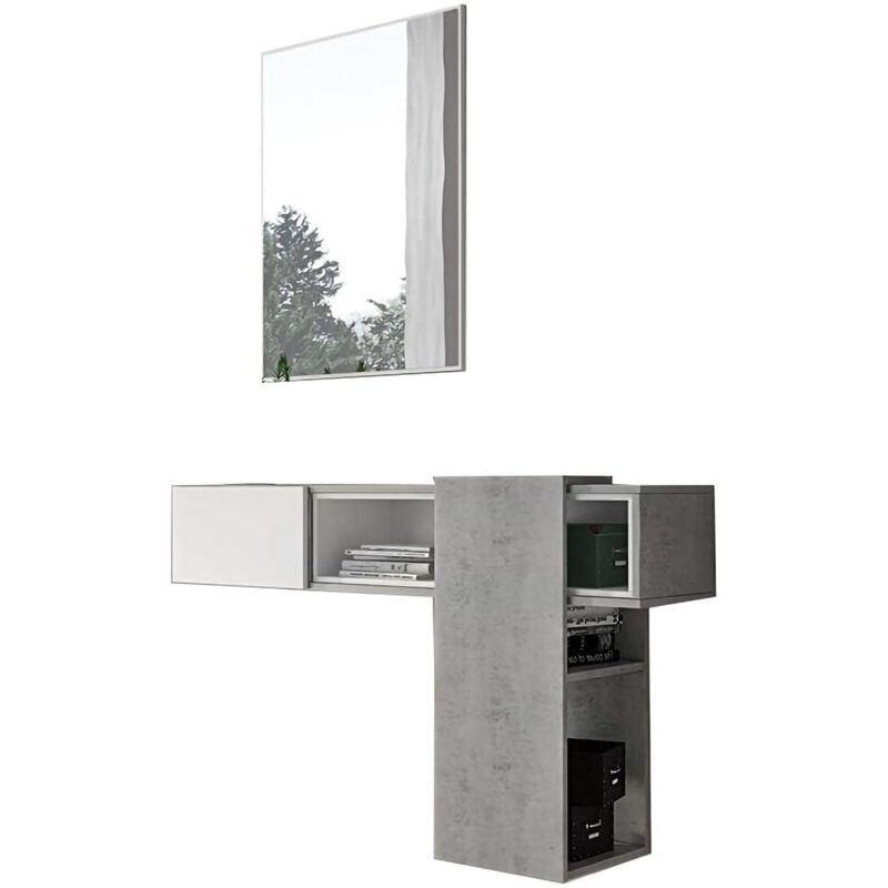 Dmora - Meuble d'entrée avec miroir, entrée pour hall avec tiroir, Vide-poche pour petits appartements, cm 100x27h155, couleur Ciment et Blanc