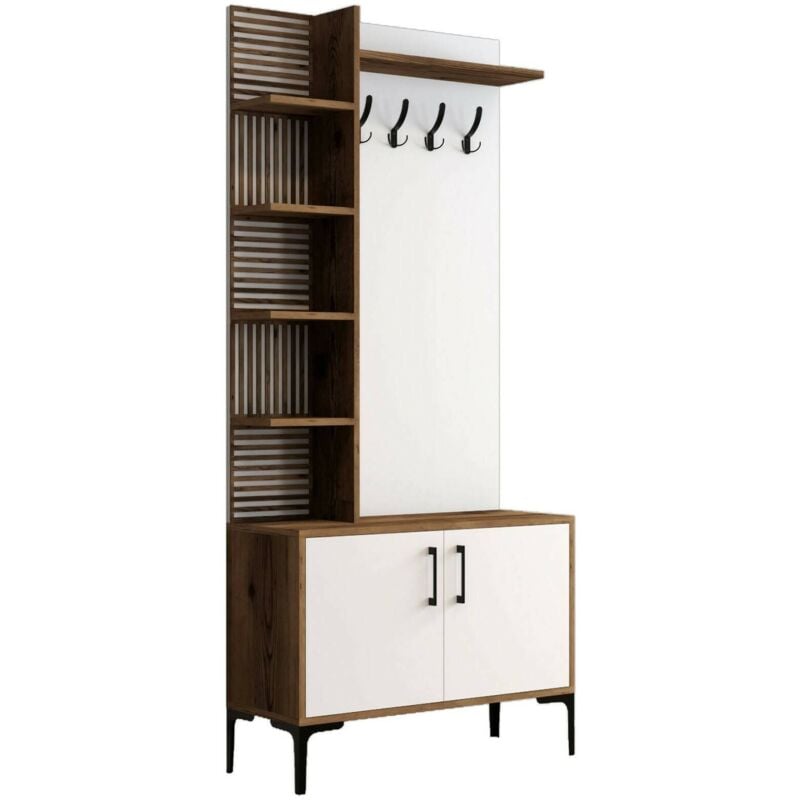 Dmora - Meuble d'entrée Calista, Crochet d'entrée, Composition pour l'atrium, Console de rangement multifonction, 90x35h200 cm, Noyer et Blanc, avec