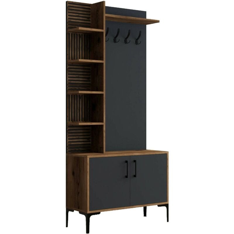 Dmora - Meuble d'entrée Calista, Crochet d'entrée, Composition pour l'atrium, Console de rangement multifonction, 90x35h200 cm, Noyer et Anthracite,