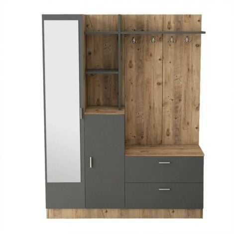 Meuble D'Entrée Castor - 120x35x200 Cm - Noyer Et Marbre Blanc