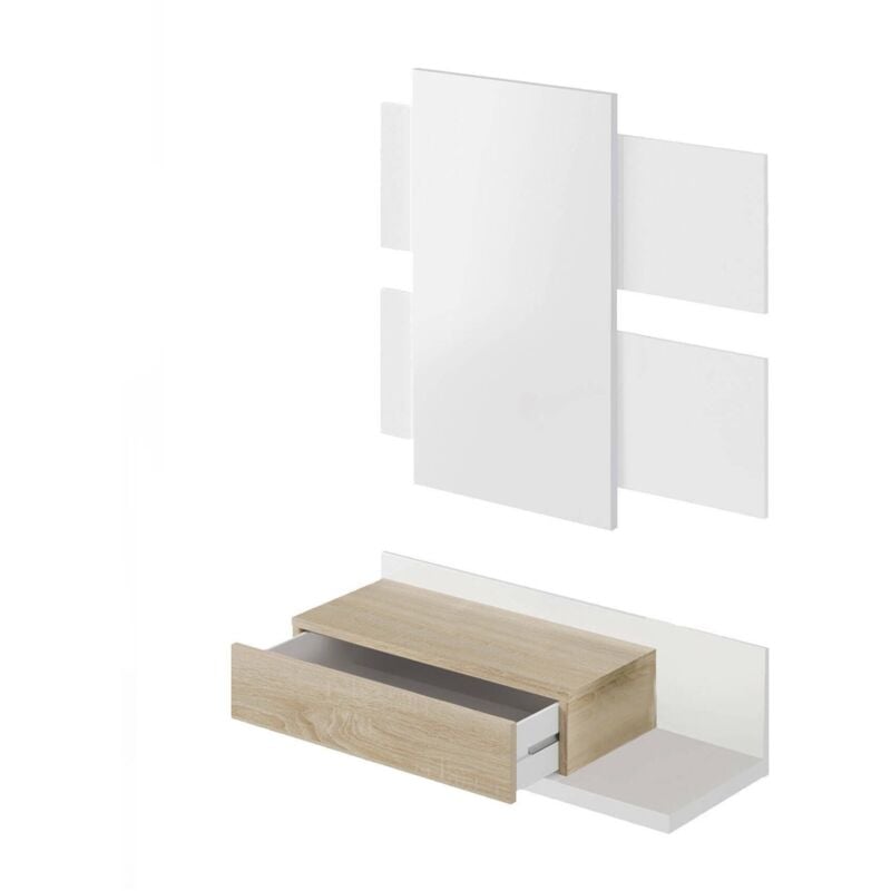 Dmora - Meuble d'entrée Dcori, Hall d'entrée suspendu avec miroir, Armoire avec tiroir pour entrée, 75x29h90 cm, Blanc brillant et noyer
