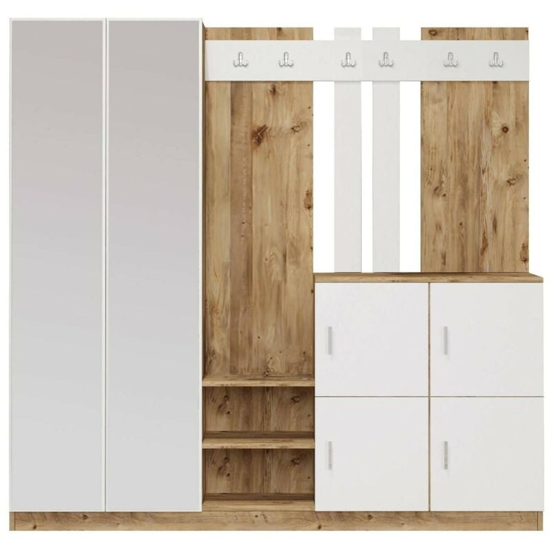 Dmora - Meuble d'entrée Media, Crochet d'entrée, Composition pour l'atrium, Console de rangement multifonction, 187x38h180 cm, Chêne et Blanc, avec