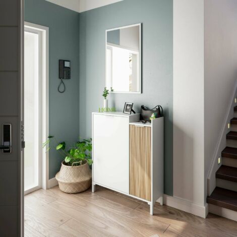 Dmora – Meuble d'entrée moderne avec miroir – Armoire à 2 portes – Rangement multifonctionnel 77x24x91 cm – Bois lamellé collé blanc et chêne - 77x24h91