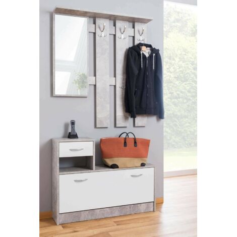 Dmora – Meuble d'entrée moderne avec miroir – Étagère à chaussures pour 12 paires – Dimensions 100x25x180 cm – Couleur béton et blanc - 100x25h180