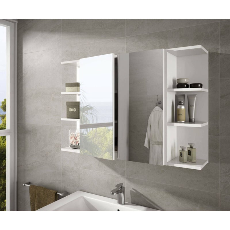 dmora - armoire murale de salle de bains lafayette, meuble colonne pour salle de bain, casier suspendu, couleur blanc brillantcm 60x21h65 - 2 portes,