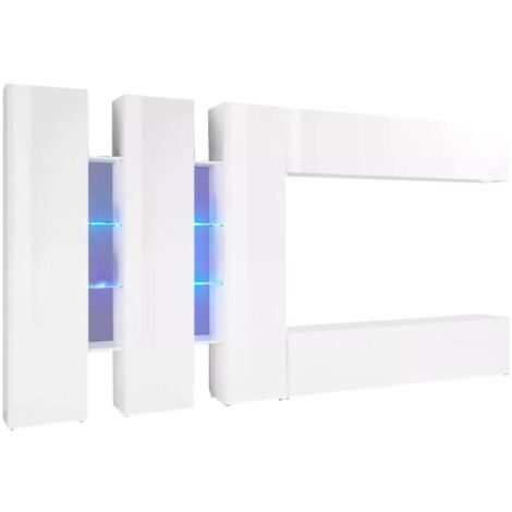 Dmora - Meuble Mural Dattard, Ensemble de salon Meuble TV avec 5 portes, Meuble de salon polyvalent, 100% Made in Italy, cm 340x30h180, Blanc brillant