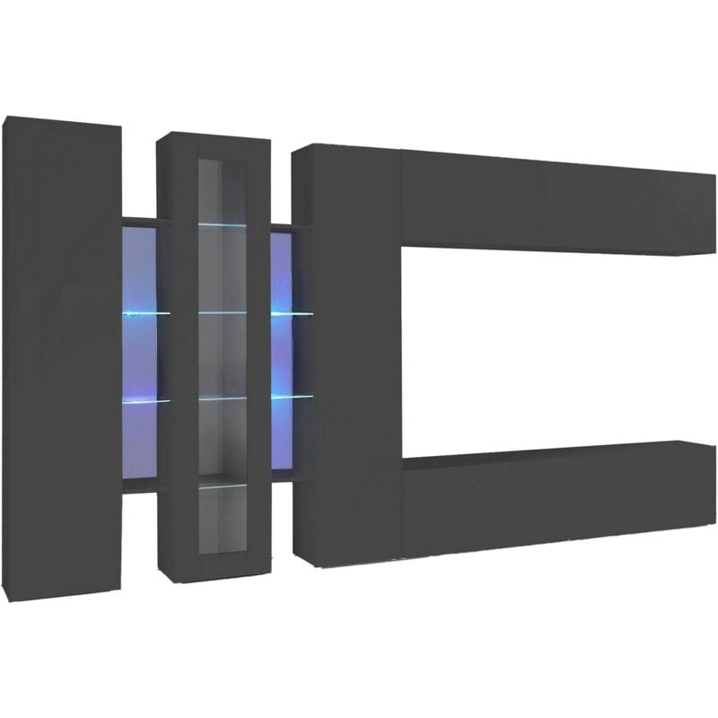 Meuble Mural Dfilard, Ensemble de salon meuble tv, Meuble de salon avec vitrine et lumière led, 100% Made in Italy, cm 320x30h180, Anthracite - Dmora