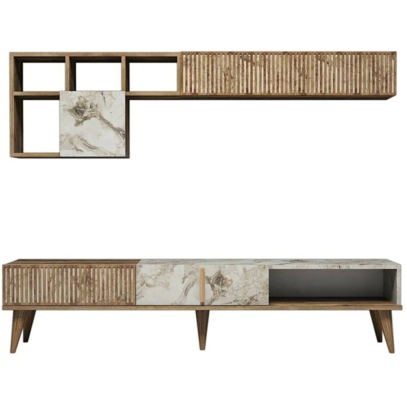 Dmora - Meuble Mural Dmalavas, Composition du salon, Meubles de salon polyvalents, Meuble télé, 180x35h40 cm, Noyer et Marbre Blanc