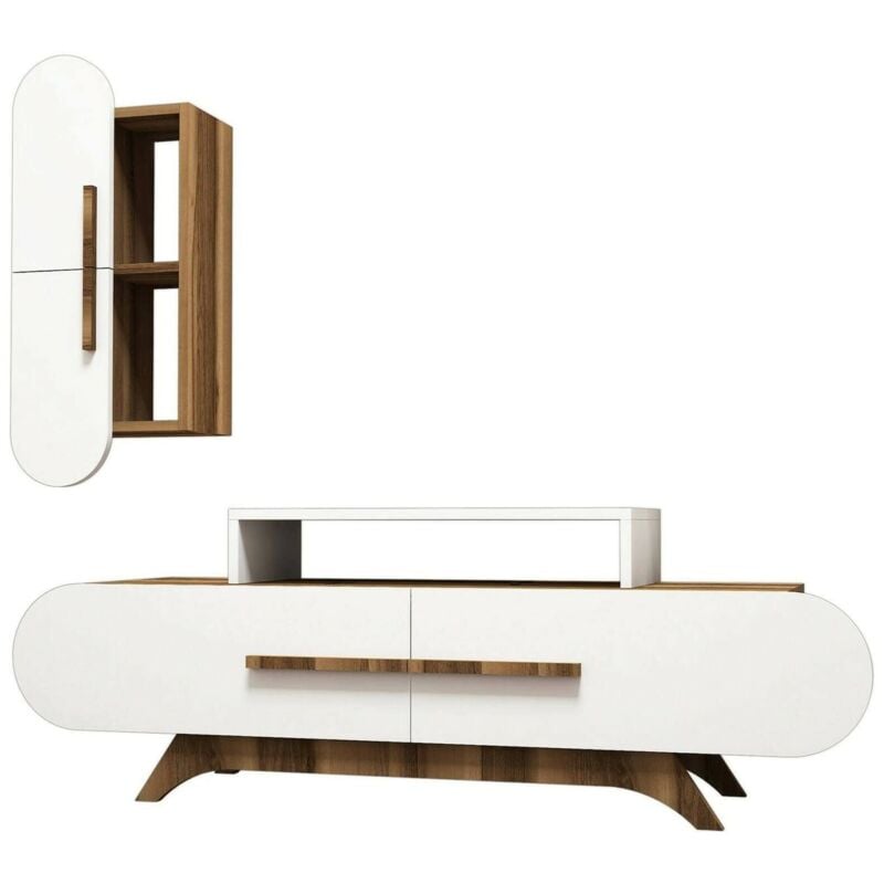 Dmora - Meuble Mural Dpiccol, Composition du salon, Meubles de salon polyvalents, Meuble télé, 145x37h50 cm, Noyer et Blanc