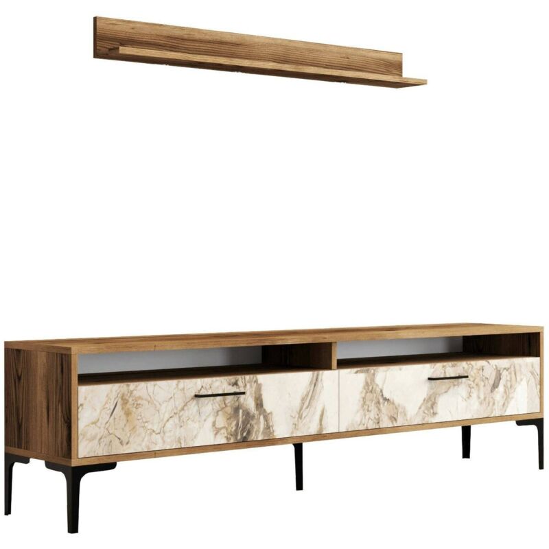 Meuble Mural Edasich, Composition du salon, Meubles de salon polyvalents, Meuble télé, 180x35h47 cm, Noyer et Marbre Blanc, avec emballage renforcé