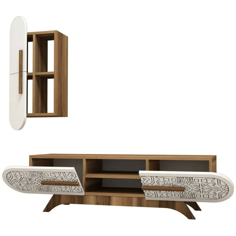 Meuble Mural Nemb, Composition du salon, Meubles de salon polyvalents, Meuble télé, 145x35h37 cm, Noyer et Blanc, avec emballage renforcé - Dmora
