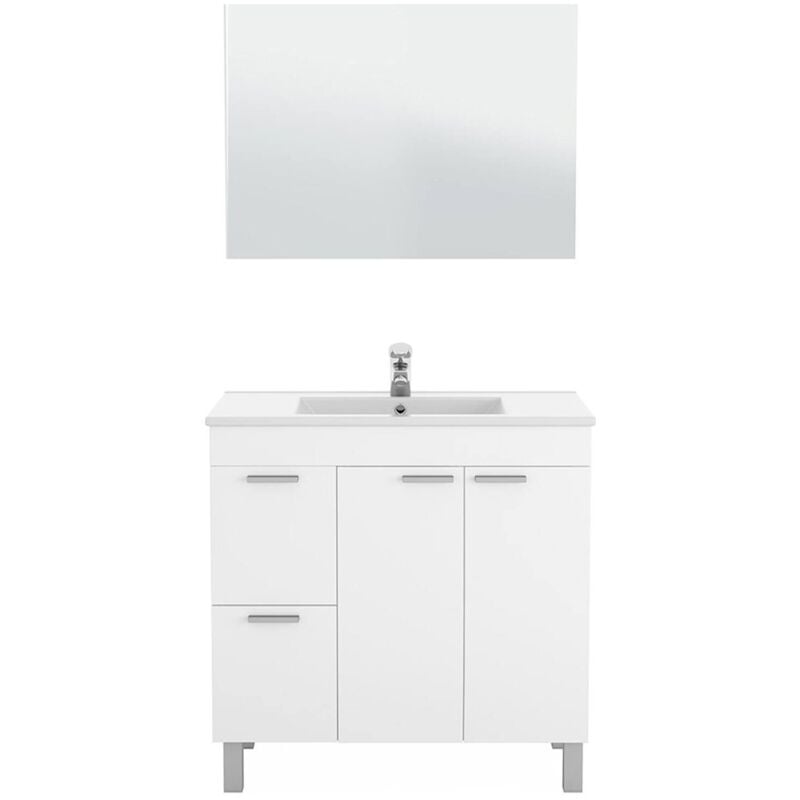 Meuble de comptoir Lakewood, Armoire de toilette, Armoire avec 2 portes et deux tiroirs avec miroir, évier non inclus, cm 80x45h80, Blanc brillant