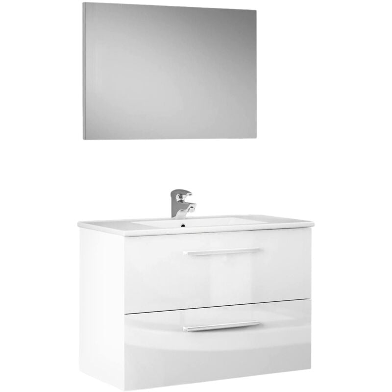 Dmora - Meuble de comptoir Inglewood, Meuble de salle de bain suspendu, Armoire avec 2 tiroirs et miroir, cm 80x45h57, Blanc brillant