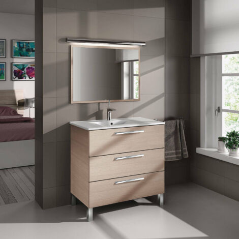 Dmora – Meuble sous vasque 80x45x86 cm – Armoire de toilette avec 3 tiroirs et miroir – Panneau mélaminé résistant aux chocs – Pour lavabo intégré - 80x45h86