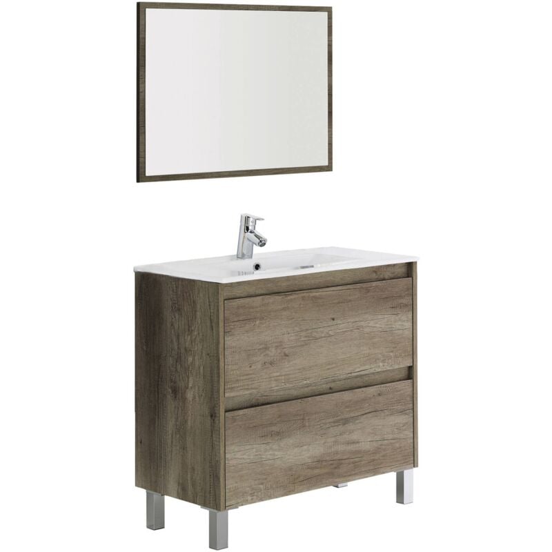 Meuble de comptoir Modesto, Meuble suspendu à 2 tiroirs, Meuble de salle de bain avec miroir, Lavabo non inclus, cm 80x45h80, Chêne, avec emballage