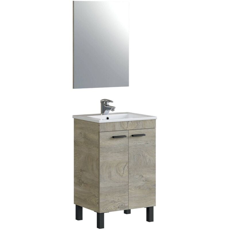 Dmora - Meuble de comptoir Naperville, Armoire de toilette, Armoire 2 portes avec miroir, évier non inclus, cm 50x40h80, Chêne, avec emballage