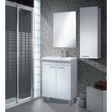 Dmora Meuble sous-vasque sur pied, avec deux portes battantes et deux étagères intérieures, blanc brillant, 50 x 80 x 40 cm, avec emballage renforcé