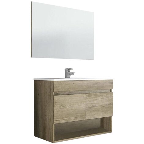 Dmora – Meuble sous vasque suspendu 80x45h64 cm – 2 portes avec miroir et étagère – Chêne résistant aux chocs – Design moderne et fonctionnel