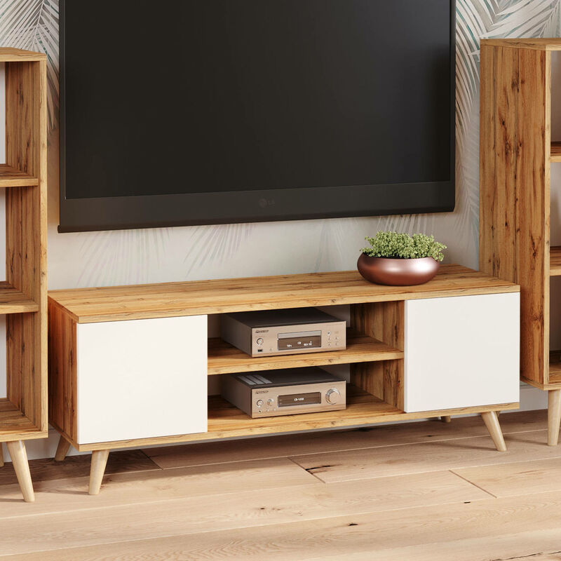 Dmora - Meuble tv avec 2 portes et 1 étagère centrale, Buffet avec pieds, Buffet de salon style scandinave, 155x40h50 cm, coloris Blanc et Érable,