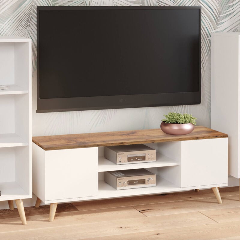 Dmora - Meuble tv avec 2 portes et 1 étagère centrale, Buffet avec pieds, Buffet de salon style scandinave, cm 155x40h49, Couleur Blanc et plateau