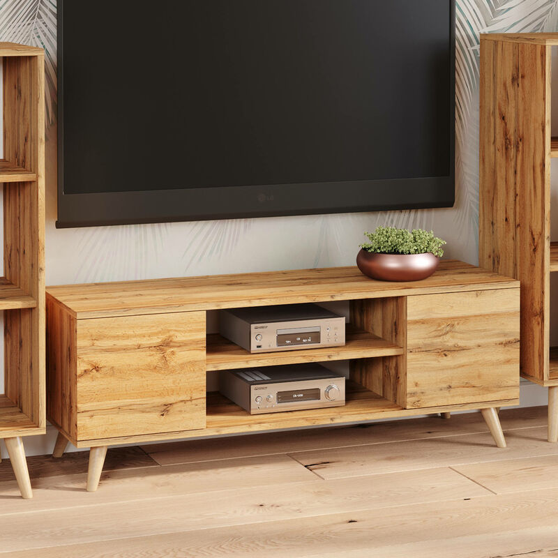 Dmora - Meuble tv avec 2 portes et 1 étagère centrale, Buffet avec pieds, Buffet de salon style scandinave, cm 155x40h50, couleur Erable, avec