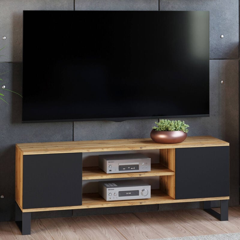 Dmora - Meuble tv avec 2 portes et 1 étagère centrale, Buffet avec pieds en métal, Buffet de salon de style industriel, cm 155x40h49, couleur Érable