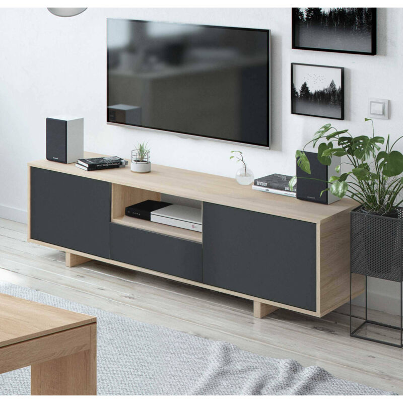 Dmora - Meuble TV avec 3 portes et compartiment ouvert, Buffet moderne, Buffet design, Buffet de salon moderne, 150x41h46 cm, Couleur chêne
