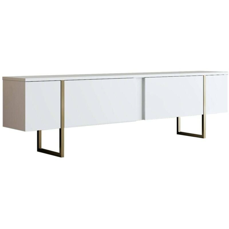 Meuble tv Centaurus, Buffet de salon, Armoire basse pour tv, Base murale de rangement, 180x30h50 cm, Blanc et Or, avec emballage renforcé - Dmora