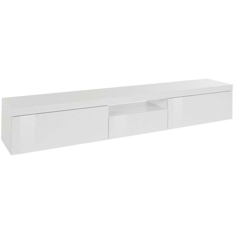 Dmora - Meuble tv Dcoppolin, Buffet bas de salon avec 3 portes, Base meuble tv, 220x40h35 cm, Blanc brillant