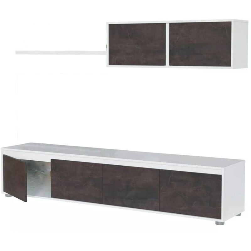 Paroi aménagée Savannah, Meuble télé pour le salon, Composition d'ensemble de salon, Ensemble de salon avec meuble haut, cm 200x41h43, Blanc et