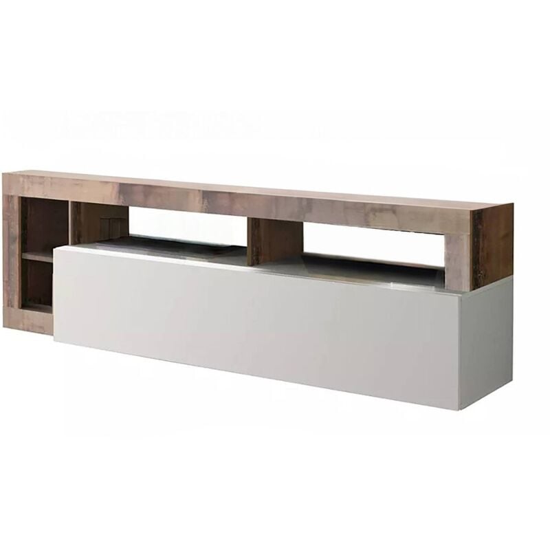 Meuble tv de salon, Made in Italy, Buffet pour tv de salon avec 1 porte et compartiments ouverts, cm 184x42h58, couleur blanc brillant et poire