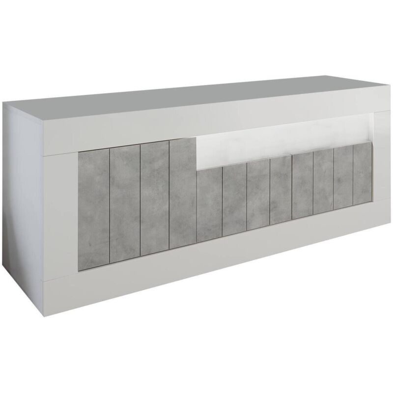 Meuble tv de salon, Made in Italy, Buffet pour tv de salon avec 3 portes et étagères, cm 138x56h42, blanc brillant et couleur béton, avec emballage