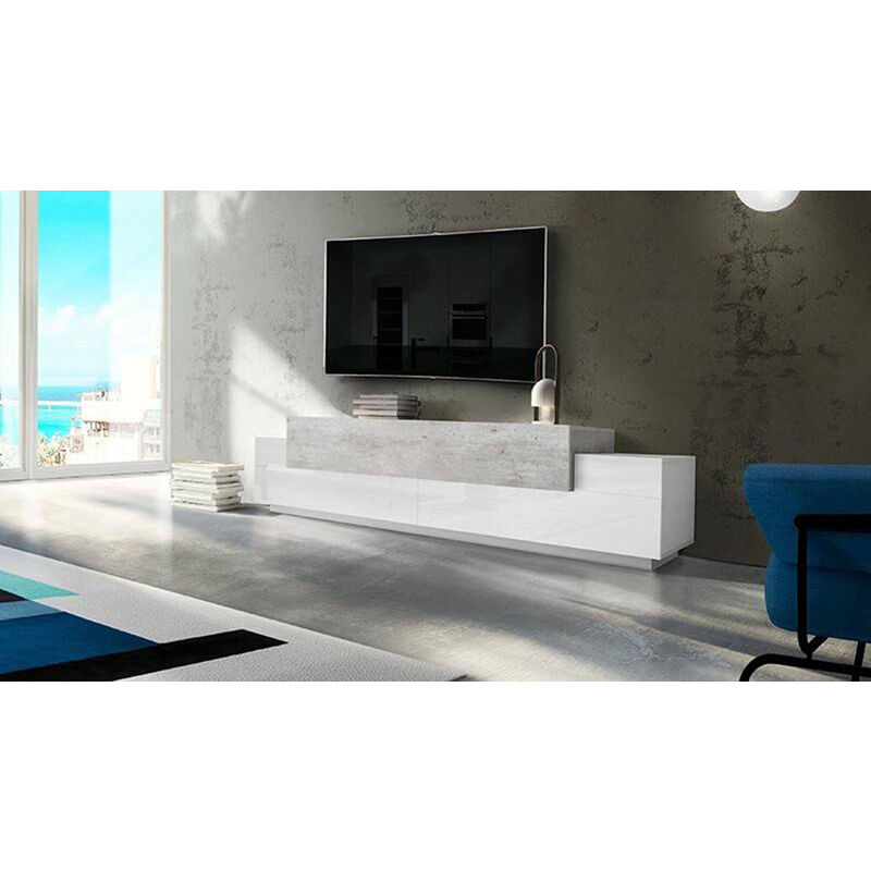 Dmora - Meuble tv de salon, Made in Italy, Meuble tv avec 3 portes et étagères, 240x45h52 cm, Blanc brillant et couleur Ciment, avec emballage