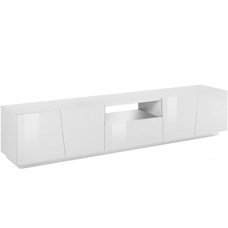 Meuble tv de salon, Made in Italy, Meuble tv avec 4 portes et 1 tiroir, 220x43h46 cm, couleur blanc brillant, avec lumière led blanche - Dmora