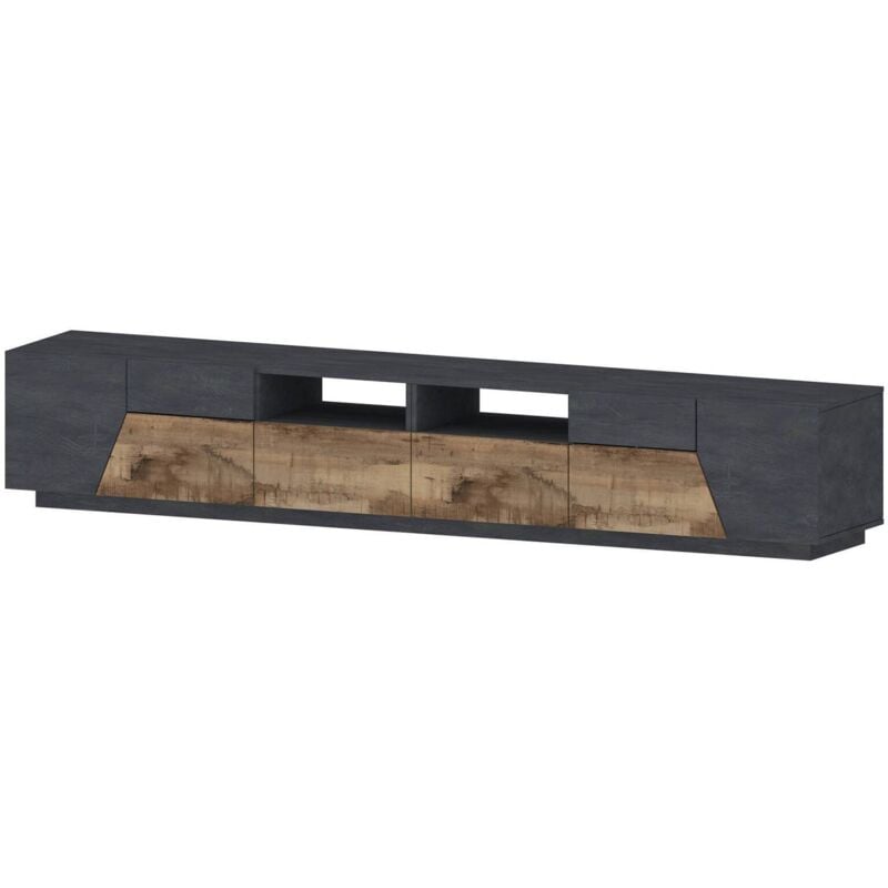 Dmora - Meuble tv de salon, Made in Italy, meuble tv avec 4 portes géométriques et 2 tiroirs, Cm 260x43h46, Ardoise et Érable
