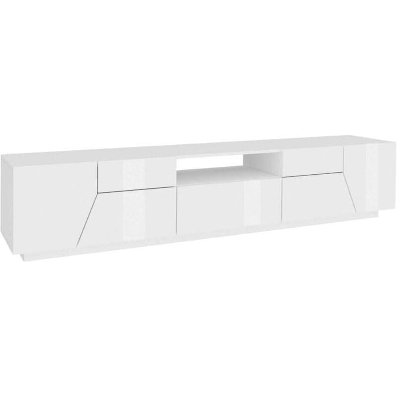 Meuble tv de salon, Made in Italy, meuble tv avec 4 portes géométriques et 1 tiroir, Cm 220x43h46, Blanc brillant, avec emballage renforcé - Dmora