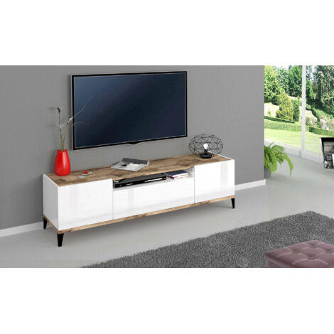 Dmora - Meuble TV Dfigol, Buffet bas de salon avec 2 portes, base meuble TV, 100% Made in Italy, 160x40h47 cm, Blanc brillant et Érable