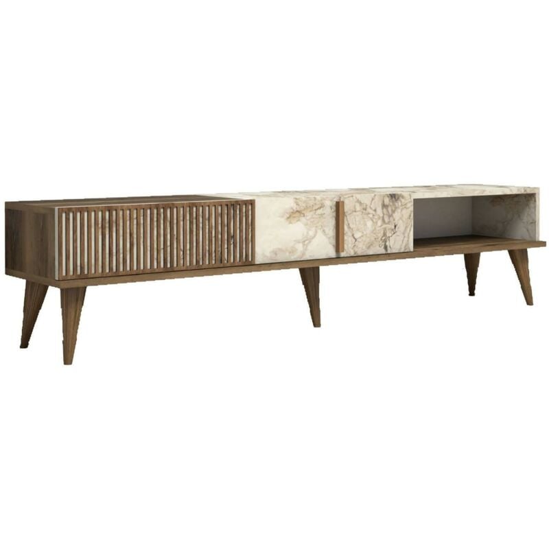 Dmora - Meuble tv Dfirican, Buffet de salon, Armoire basse pour tv, Base murale de rangement, 180x35h40 cm, Noyer et Blanc